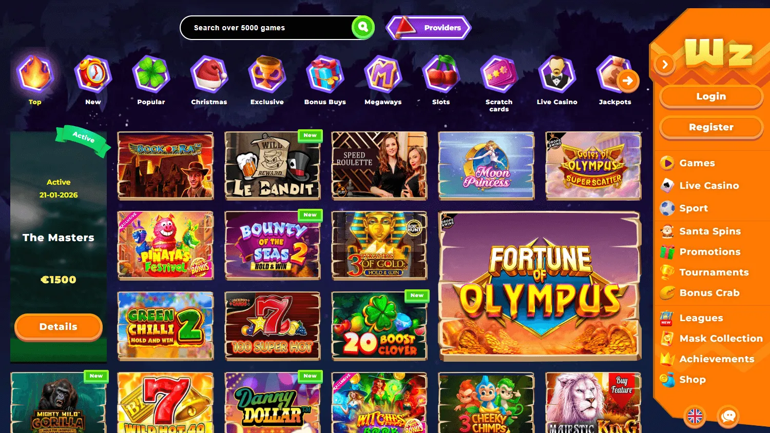 Wazamba Casino desktop games interface with casino categories and titles
