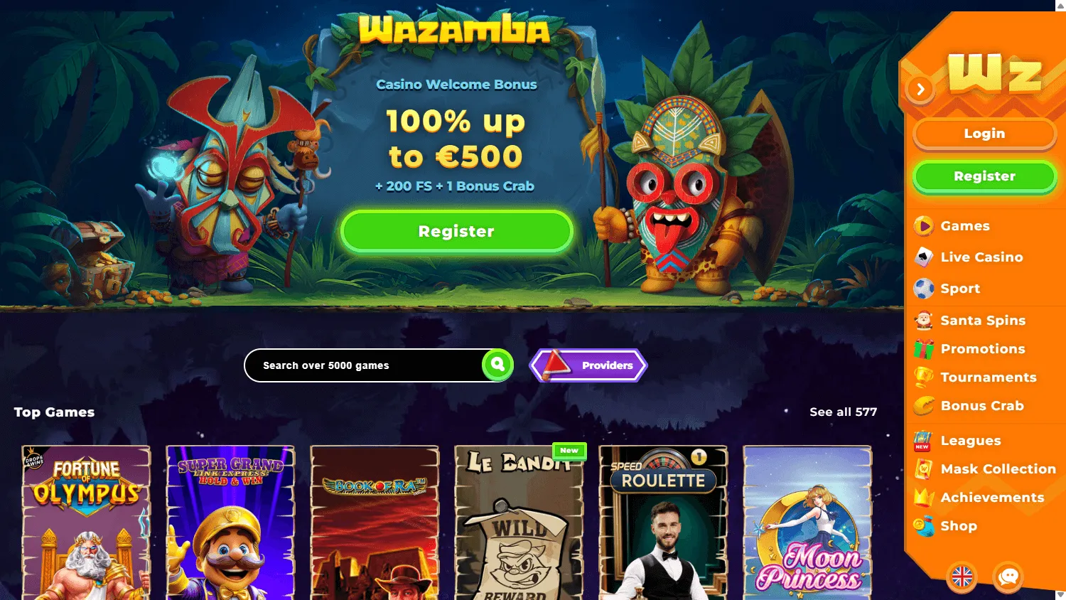 Wazamba Casino desktop home interface with welcome offer and account options