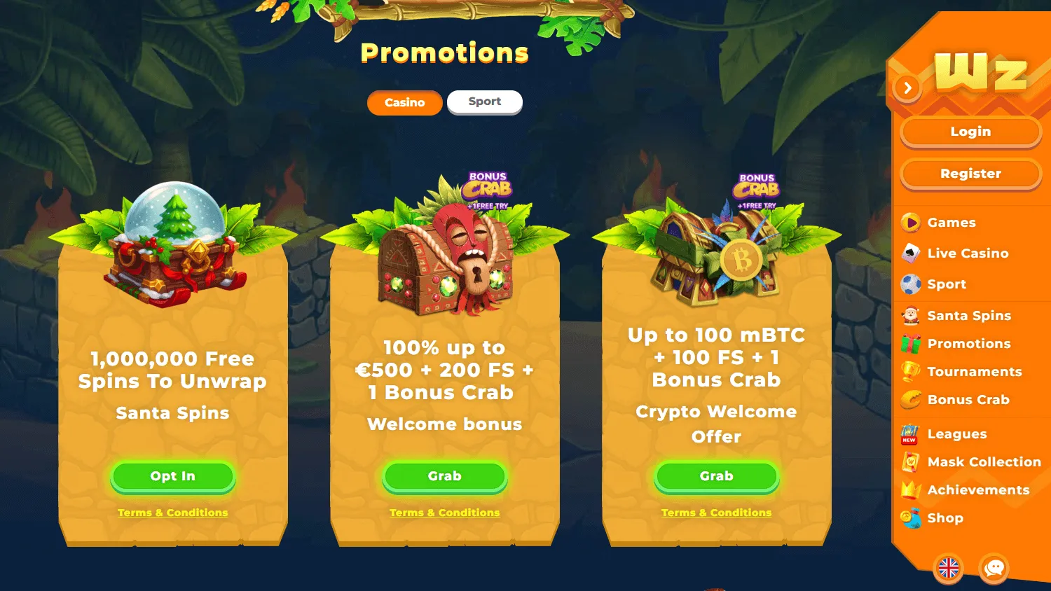 Wazamba Casino desktop promotions interface with welcome and ongoing offers