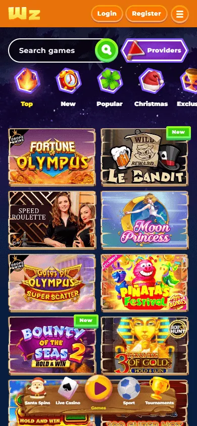 Wazamba Casino mobile browser games interface