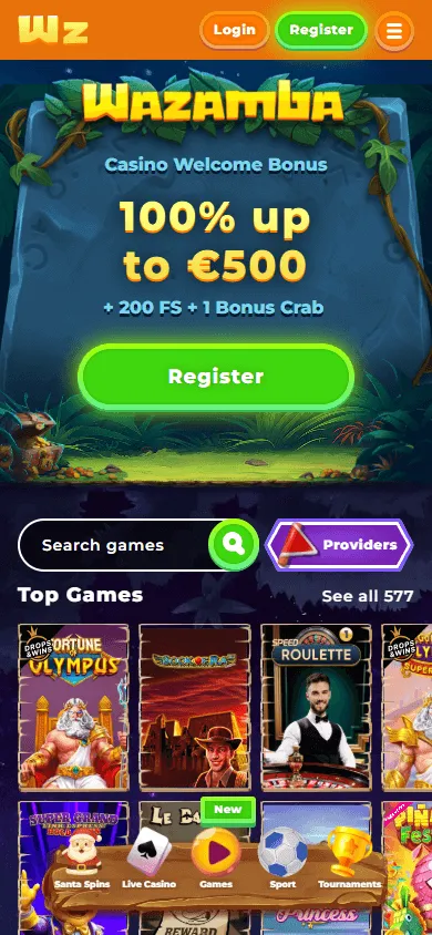 Wazamba Casino mobile browser home interface